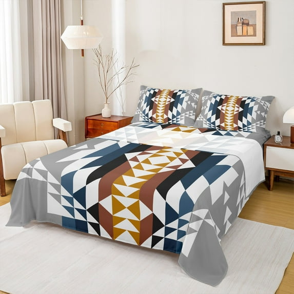 Homewish Southwestern Aztec Geometric Queen Sheet Sets,Retro Rhombus Stripe Flat Sheet,Gray Brown Queen Fitted Sheet For Boys Kids,Microfiber Bedroom Decor,4 Pieces