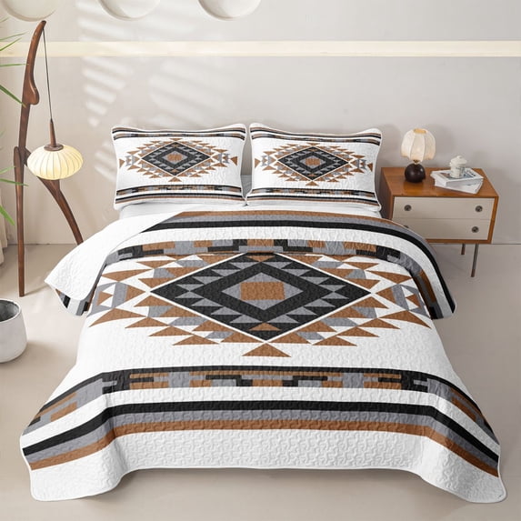 Homewish Southwestern Geometric Quilt Full For Men And Women,Brown Black Gray Tribal Full Bedspread Sets,3pcs