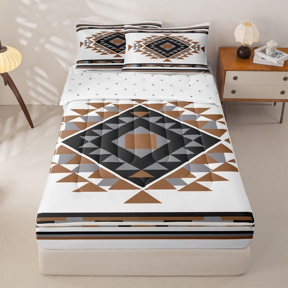 Homewish Southwestern Geometric Zipper Twin Comforter Sets with Fitted Sheet and 2 Pillowcases For Men And Women,Brown Black Gray Tribal Zipper Bedding Set,Reversible,4-Piece