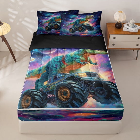Homewish Space Dino Zipper Twin Comforter Sets with Fitted Sheet and 2 Pillowcases,Cool Monster Truck Zipper Bedding Set,Cartoon Wildlife Decor,Black Reversible,4pcs