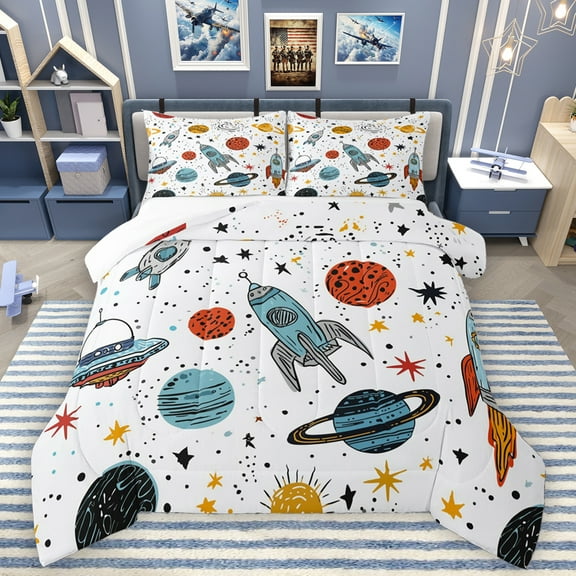 Homewish Space Ship Rocket Queen Comforter Set,Cartoon Universe Planet Bedding Sets,Colorful Stars Print Bedding Comforter Set For Teens,Breathable Home Decor,3pcs