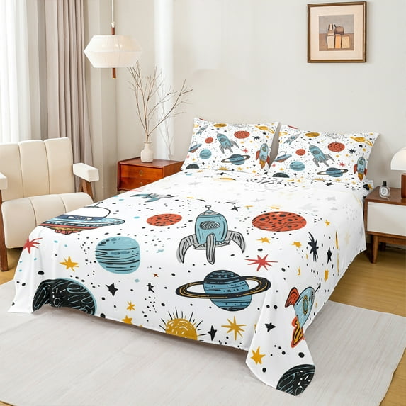 Homewish Space Ship Rocket Twin Sheet Sets,Cartoon Universe Planet Twin Fitted Sheet,Colorful Stars Print Flat Sheet For Teens,Breathable Home Decor,3-Piece
