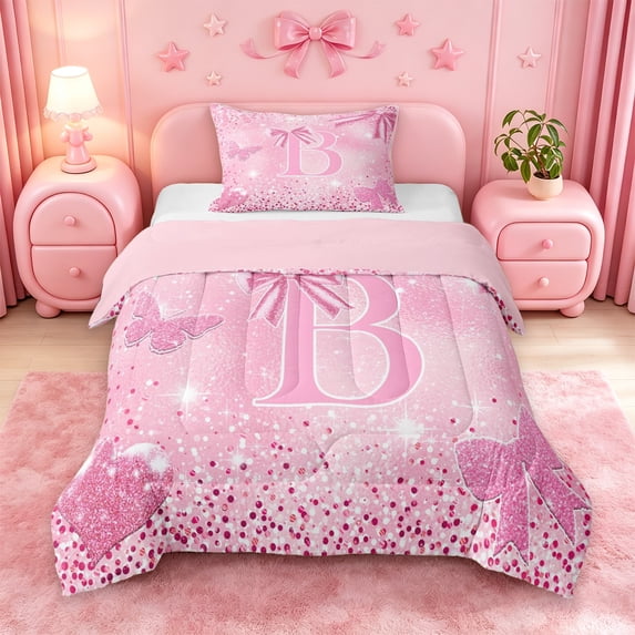 Homewish Sparkling Bow Initial B Print Twin Comforter Sets,Pink Monogram Aesthetic Art Bedding Set For Girl,Pink Reversible,2pcs,1 Comforter and 1 Pillowcase