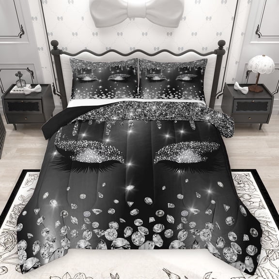 Homewish Sparkling Crystal 3 Pieces Queen Comforter Set for Teens Boys Girls,Elegant Eyelash Ultra Soft Bedding Sets,Bling Graffiti Splash Glitter Bedding Comforter Set Breathable