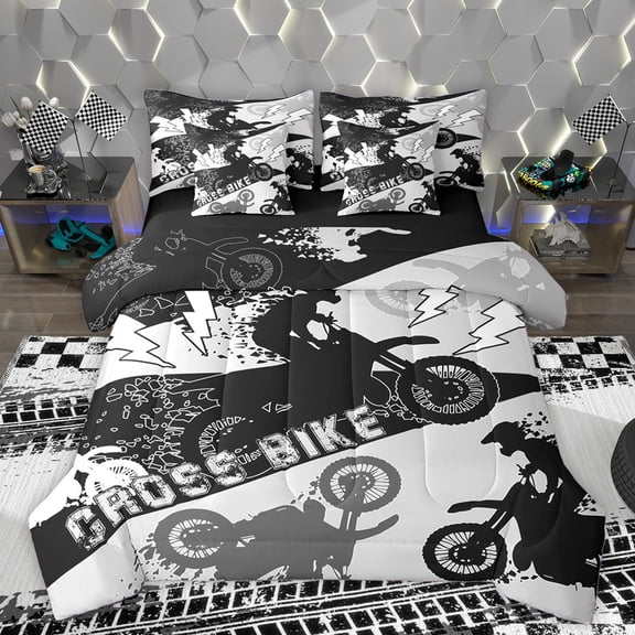 Homewish Speed Cross Bike 7-Piece Twin Bedding Sets,Extreme Sport Bedding Comforter Set,Gray White Black Sheet Sets For Boys Kids,Breathable Home Decor Reversible