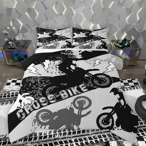 Homewish Speed Cross Bike Queen Comforter Set,Extreme Sport Bedding Sets,Gray White Black Bedding Comforter Set For Boys Kids,Breathable Home Decor Reversible,3pcs
