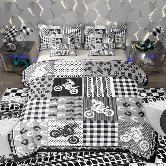Homewish Speed Extreme Sport 7-Piece Twin Bedding Sets,Motorcycle Motocross Game Bedding Comforter Set,Gray Patchwork Plaid Sheet Sets For Boy Kids,Luxury Bedroom Decor Reversible