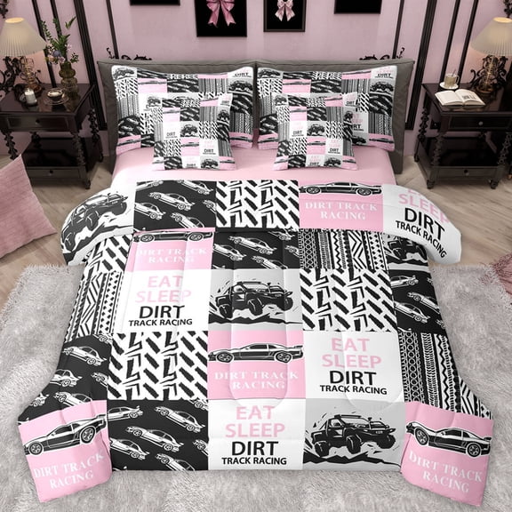 Homewish Speed Race Car 7-Piece Bedding Comforter Set,Extreme Sport King Bedding Sets,Pink Gray Patchwork Checkered Bed Sheets For Girls Kids,Ultra Soft Home Decor Reversible