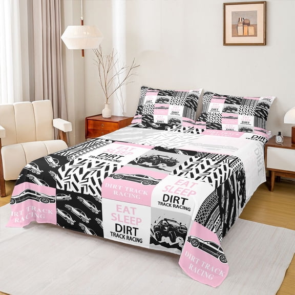 Homewish Speed Race Car Bed Sheets,Extreme Sport King Sheets,Pink Gray Patchwork Checkered Sheet Set For Girls Kids,Ultra Soft Home Decor,4-Piece