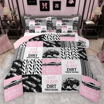 Homewish Speed Race Car Bedding Comforter Set,Extreme Sport Twin Comforter Sets,Pink Gray Patchwork Checkered Bedding Set For Girls Kids,Ultra Soft Home Decor Reversible,2-Piece