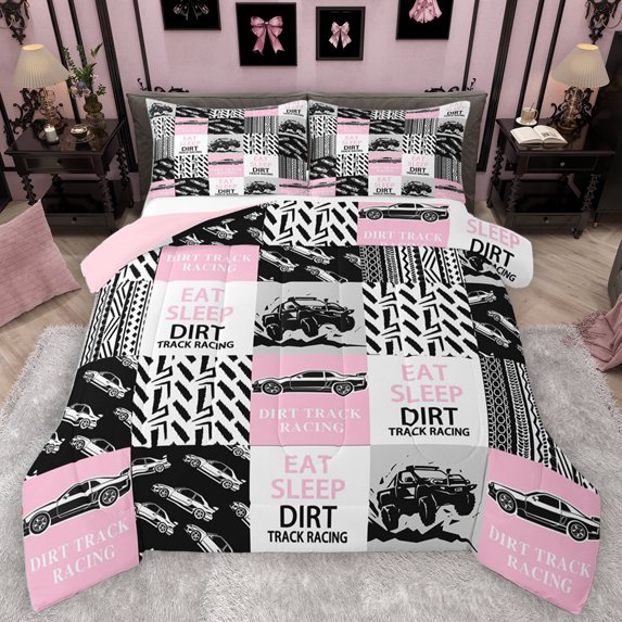 Homewish Speed Race Car Queen Comforter Set,Extreme Sport Bedding Sets,Pink Gray Patchwork Checkered Bedding Comforter Set For Girls Kids,Ultra Soft Home Decor Reversible,3pcs