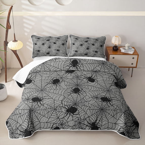 Homewish Spider Web Bed Spread Queen, Happy Halloween Queen Coverlet Set, Gray, 3pcs 1 Bedspread and 2 Pillowcases