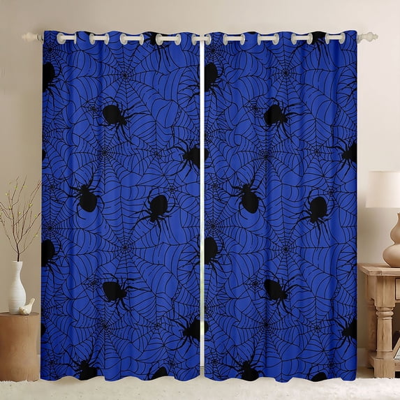 Homewish Spider Web Blackout Curtains Set of 2 (52x84 Each), Happy Halloween Curtain, Royal Blue