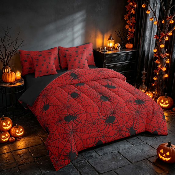 Homewish Spider Web Queen Bedding, Happy Halloween Bedding Comforter Set Queen, Bright Red, Black Reversible 7 Pieces