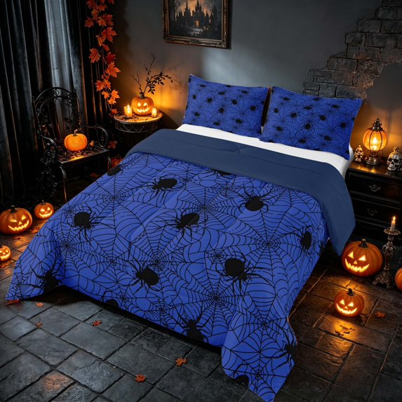 Homewish Spider Web Queen Comforter Set, Happy Halloween Comforter Sets Queen, Royal Blue, Navy Reversible, 3-Piece 1 Comforter and 2 Pillowcases