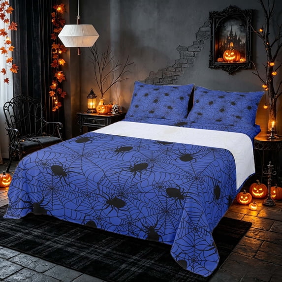 Homewish Spider Web Queen Sheets, Happy Halloween Queen Sheet Sets, Royal Blue, 4-Piece (1 Flat Sheet, 1 Fitted Sheet and 2 Pillowcases)
