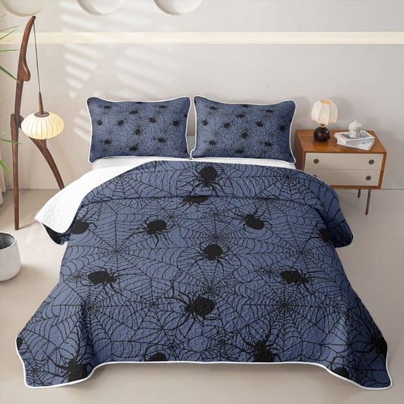 Homewish Spider Web Quilt Full, Happy Halloween Full Bedspread Sets, Dusty Blue, 3pcs 1 Bedspread and 2 Pillowcases