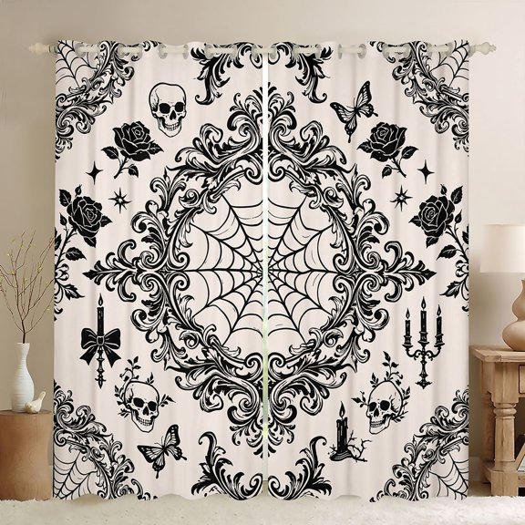 Homewish Spider Web Skull Kitchen Curtains,Grunge Goth Damask Black Out Curtains Pack of 2 (42x63 Each),Cream,Halloween Living Room Curtains
