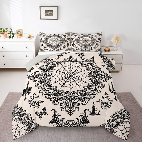 Homewish Spider Web Skull Queen Comforter Set,Grunge Goth Damask Comforter Sets Queen,Cream,Halloween Duvet,Light Gray Reversible,3-Piece,1 Comforter and 2 Pillowcases