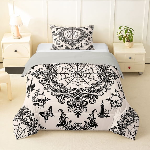 Homewish Spider Web Skull Twin Comforter Sets,Grunge Goth Damask Bedding Set,Cream,Halloween Duvet,Light Gray Reversible,2 Pieces,1 Comforter and 1 Pillowcase