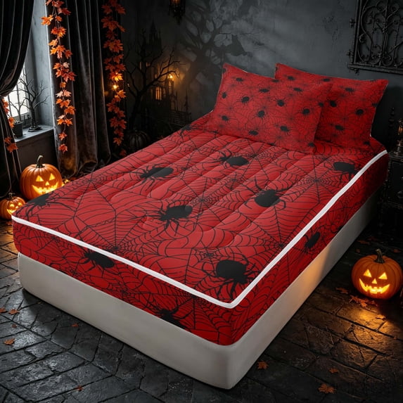 Homewish Spider Web Zipper Full Size Comforter Sets with Fitted Sheet and 2 Pillowcases, Happy Halloween Zipper Bedding Set, Bright Red, Black Reversible