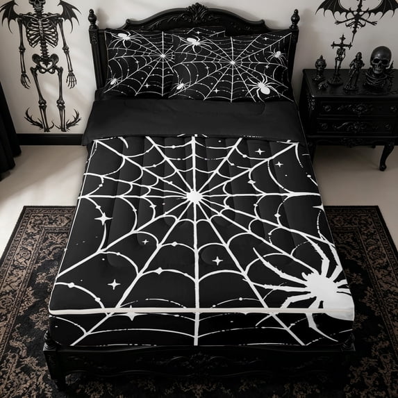 Homewish Spiderweb Graffiti Zipper Queen Comforter Set with Fitted Sheet and 2 Pillowcases for Kids, Star Spider Halloween Silhouette Zipper Bedding Set, Black Reversible, 4 Pieces