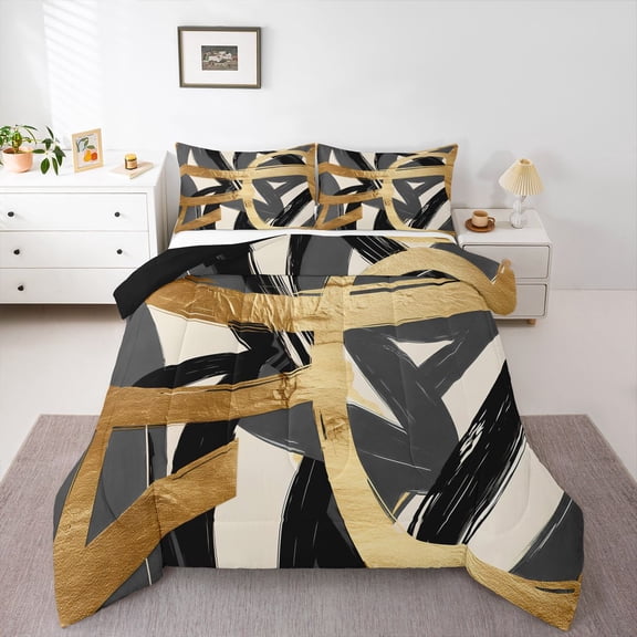 Homewish Spiral Circle Queen Comforter Set,Contemporary Aesthetic Comforter Sets Queen,Gold Black,Black Reversible,3pcs,1 Comforter and 2 Pillowcases
