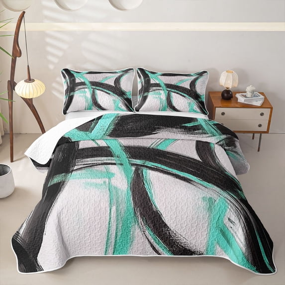 Homewish Spiral Lines Quilt King,Modern Aesthetic King Coverlet Set,Green Black,3 Pieces