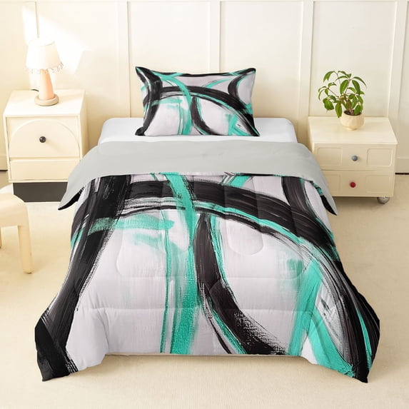 Homewish Spiral Lines Twin Comforter Sets,Modern Aesthetic Bedding Set,Green Black,Light Gray Reversible,2 Pieces,1 Comforter and 1 Pillowcase