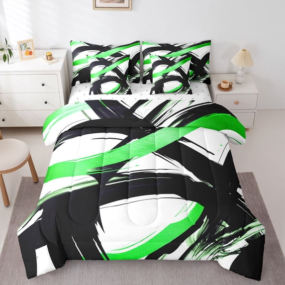 Homewish Spiral Stripes 7-Piece Twin Bedding,Classic Contemporary Bedding Comforter Set,Black Green,Reversible