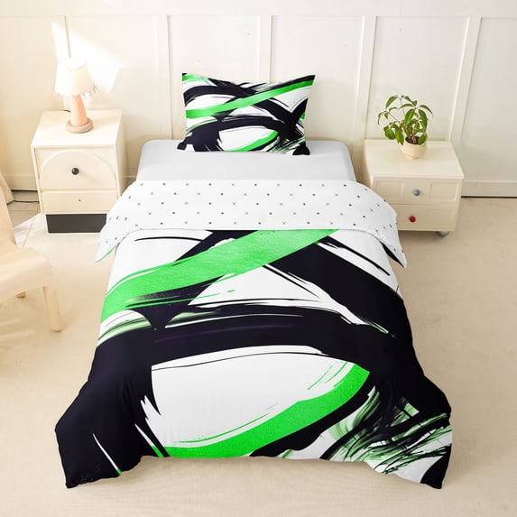 Homewish Spiral Stripes Twin Duvet Cover,Classic Contemporary Twin Bedding,Black Green,Reversible,2-Piece,1 Duvet Cover and 1 Pillowcase