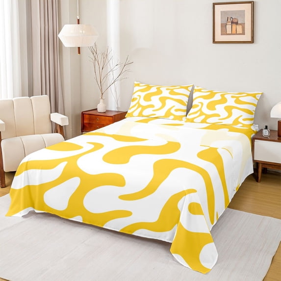 Homewish Spiral Swirl Bed Sheets,Classic Abstract Geometric Full Size Sheets,Yellow,4 Pieces,1 Flat Sheet, 1 Fitted Sheet and 2 Pillowcases