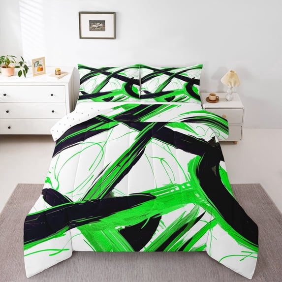 Homewish Spiral Swirl Full Size Comforter Sets,Abstract Geometric Bedding Comforter Set,Green Black,Reversible,3-Piece,1 Comforter and 2 Pillowcases