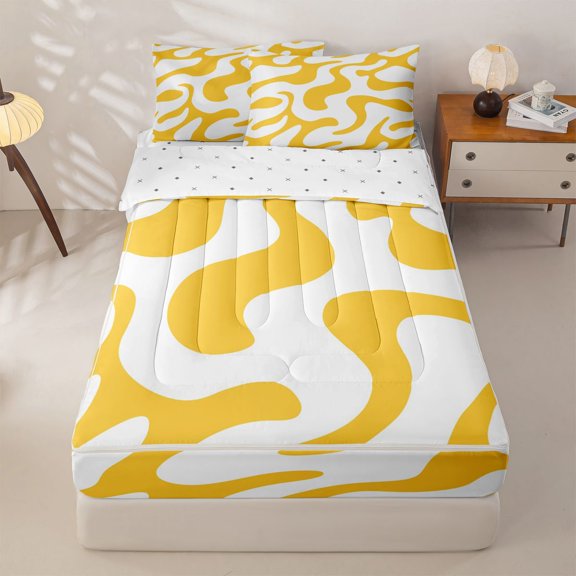 Homewish Spiral Swirl Zipper Twin Comforter Sets with Fitted Sheet and 2 Pillowcases,Classic Abstract Geometric Zipper Bedding Set,Yellow,Reversible,4pcs
