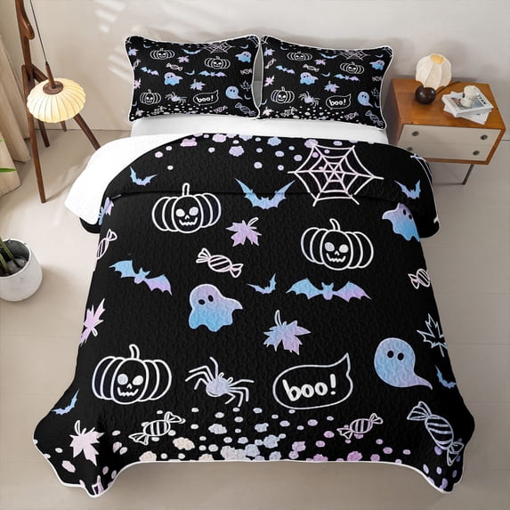 Homewish Spooky Animal Bed Spread Queen for Kids, Happy Halloween Pumpkin Queen Coverlet Set, 3 Pieces 1 Quilt and 2 Pillowcases
