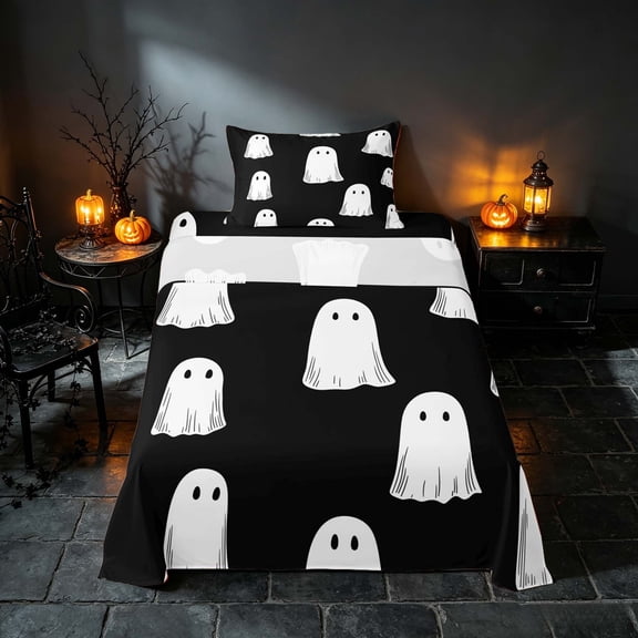 Homewish Spooky Animal Ghost Twin Sheets, Halloween Bedding, Black White, 3 Pieces (1 Flat Sheet, 1 Fitted Sheet and 1 Pillowcase)