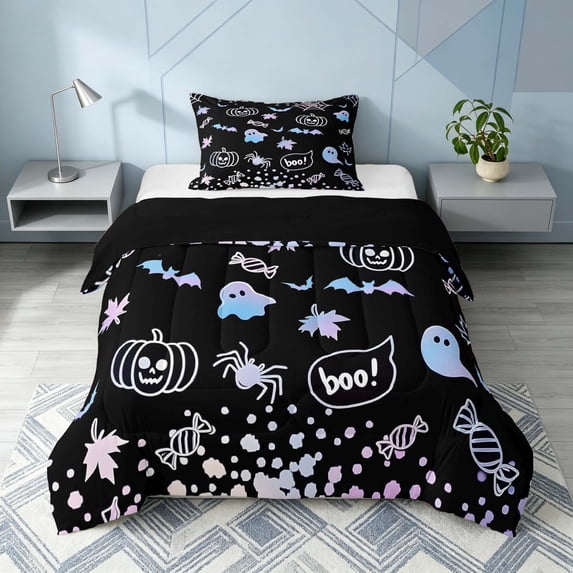 Homewish Spooky Animal Twin Comforter Sets for Kids, Happy Halloween Pumpkin Bedding Set, Black Reversible, 2 Pieces 1 Comforter and 1 Pillowcase