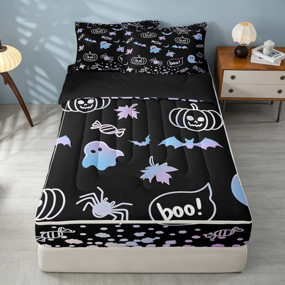 Homewish Spooky Animal Zipper Queen Comforter Set with Fitted Sheet and 2 Pillowcases for Kids, Happy Halloween Pumpkin Zipper Bedding Set