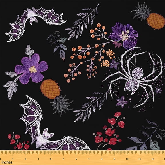 Homewish Spooky Bats Spider Fabric by the Yard 1 Yard,Happy Halloween Home Decor Fabric by the Yard,Rustic Flower Floral Sewing Fabric For Boys Kids,Luxury Bedroom Decor