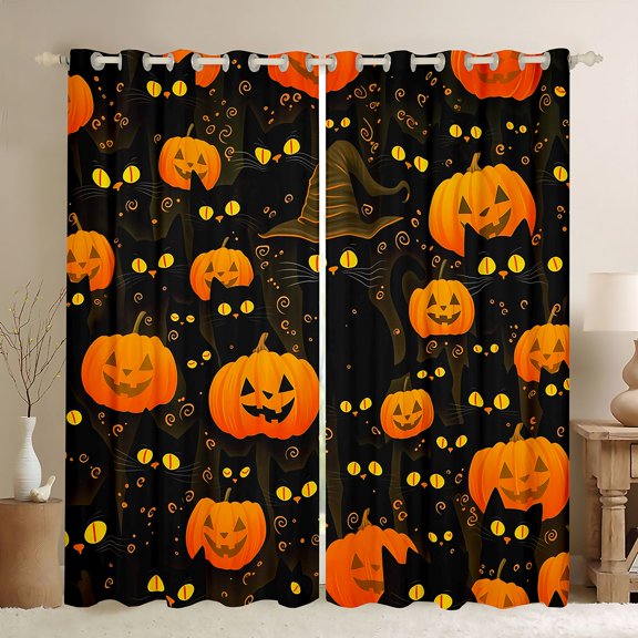Homewish Spooky Black Cat Kitchen Curtains, Vintage Halloween Pumpkin Black Out Curtains Pack of 2 (42x63 Each), Black Orange Yellow