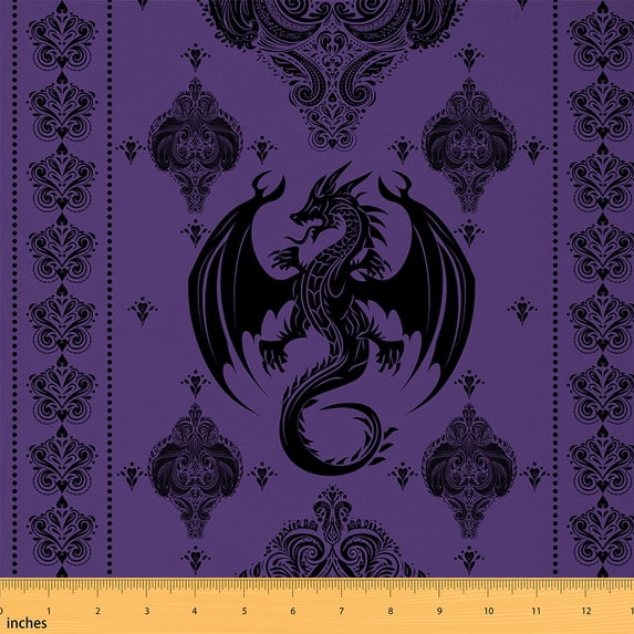 Homewish Spooky Gothic Dragon Fabric by the Yard 2 Yard,Retro Damask Flower Room Decor Fabric by the Yard,Purple Black Fabric for Sewing For Girls Teens,Microfiber Bedroom Decor