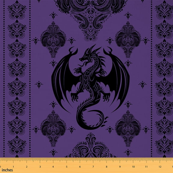 Homewish Spooky Gothic Dragon Fabric by the Yard 2 Yard,Retro Damask Flower Room Decor Fabric by the Yard,Purple Black Fabric for Sewing For Girls Teens,Microfiber Bedroom Decor