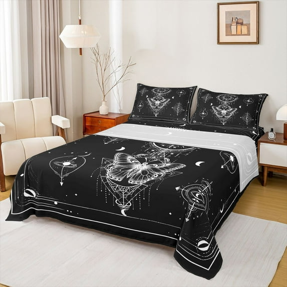 Homewish Spooky Gothic Moth Queen Sheet Sets,Boho Bohemain Theme Flat Sheet,White Black Queen Fitted Sheet For Kids,Super Cozy Room Decor,4pcs