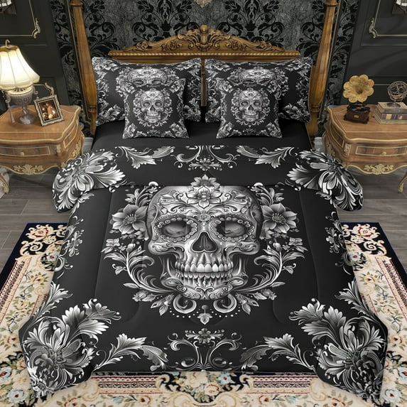 Homewish Spooky Gothic Skull 7-Piece Twin Bedding Sets,Retro Damask Flower Bedding Comforter Set,Gray Black Sheet Sets For Men Women,Microfiber Bedroom Decor Reversible