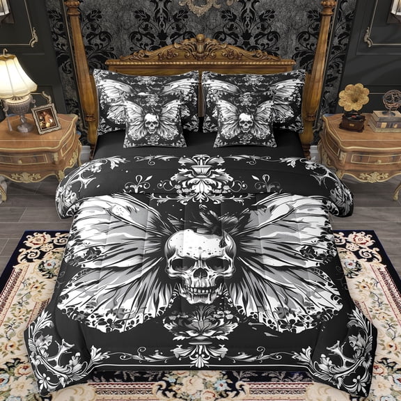 Homewish Spooky Gothic Skull 7pcs Bedding Comforter Set,Retro Damask Print Queen Bedding Sets,White Black Queen Sheet Sets For Men Women,Ultra Soft Home Decor Reversible