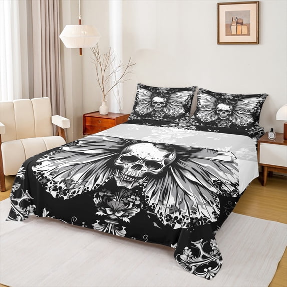 Homewish Spooky Gothic Skull Bed Sheets,Retro Damask Print King Sheets,White Black Sheet Set For Men Women,Ultra Soft Home Decor,4 Pieces