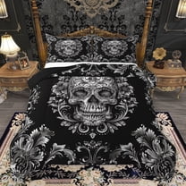 Homewish Spooky Gothic Skull Bedding Comforter Set,Retro Damask Flower Twin Comforter Sets,Gray Black Bedding Set For Men Women,Microfiber Bedroom Decor Reversible,2pcs