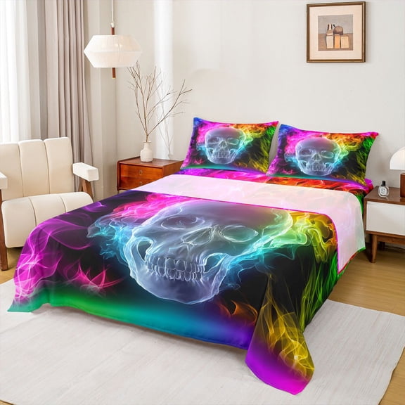 Homewish Spooky Gothic Skull Twin Sheet Sets,Halloween Skeleton Twin Fitted Sheet,Pink Black Yellow Flat Sheet For Boys Girls,Microfiber Bedroom Decor,3-Piece