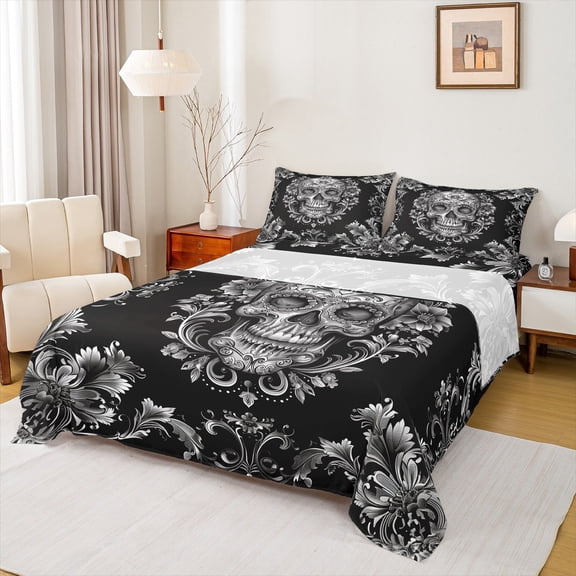 Homewish Spooky Gothic Skull Twin Sheet Sets,Retro Damask Flower Twin Fitted Sheet,Gray Black Flat Sheet For Men Women,Microfiber Bedroom Decor,3pcs