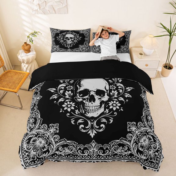 Homewish Spooky Grunge Skull Duvet Cover Queen,Baroque Damask Flowers Queen Bedding,White,Halloween Comforter Cover,Black Reversible,3pcs,1 Duvet Cover and 2 Pillowcases